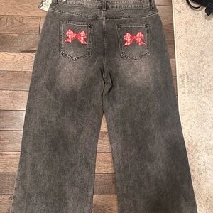 Blue Asphalt Gray Jeans with Red Bow Details